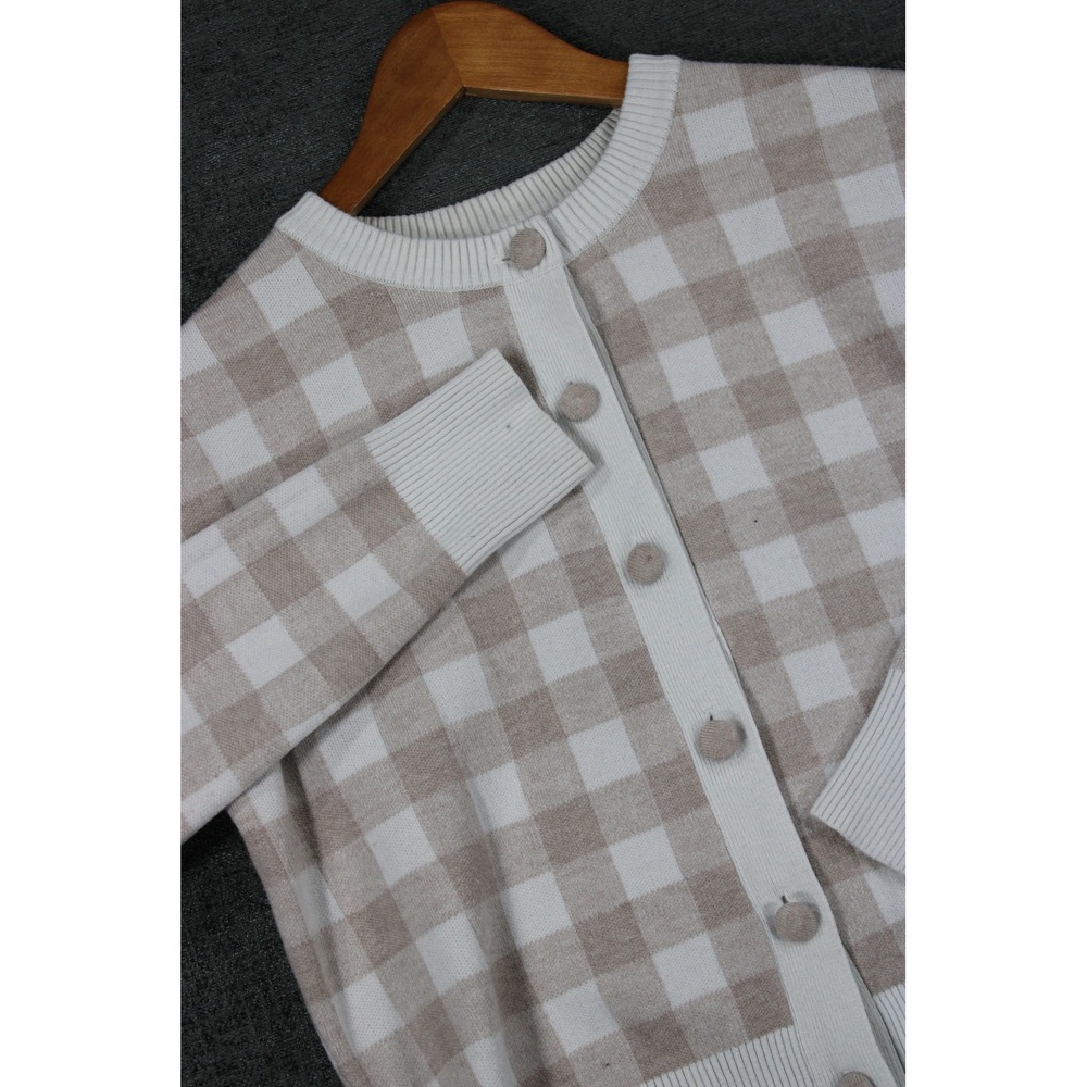 Beige Gingham Knit Cardigan Sweater Crew Neck Button Front Drop Shoulder